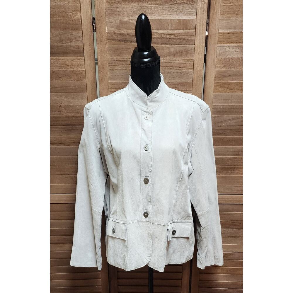 Chico's 3 Womens Gray Leather Suede Jacket 16 Button Up Business Casual Pea Coat